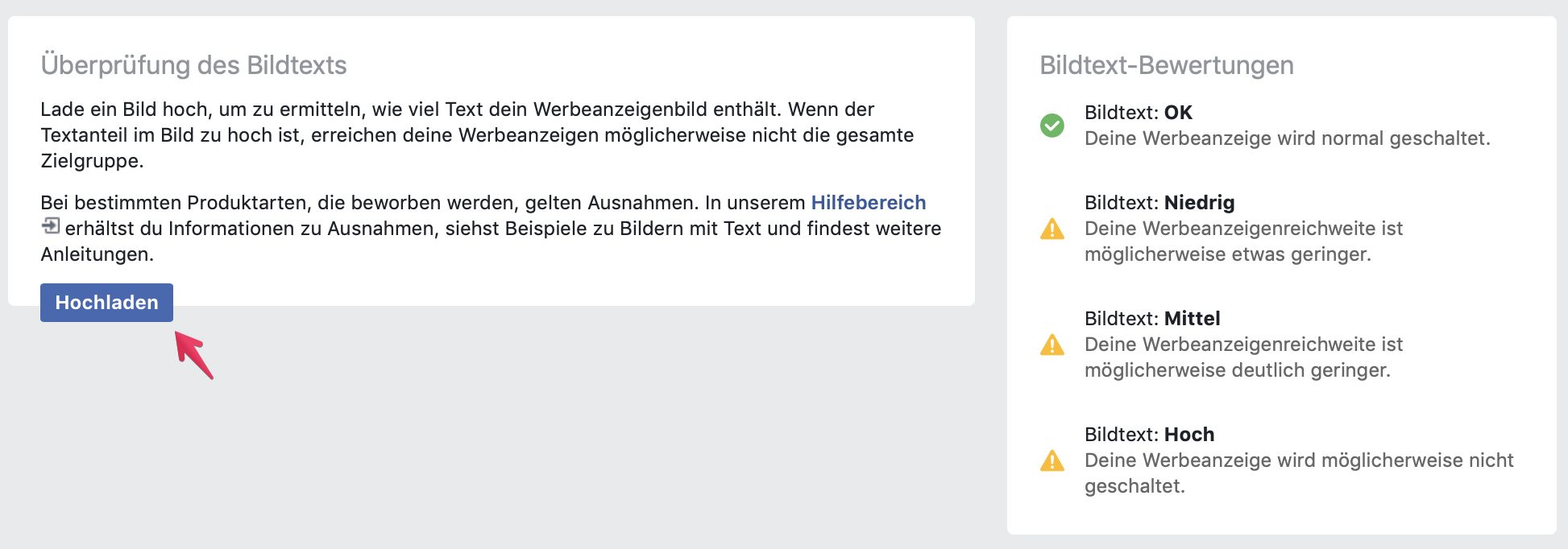 Die Hochlademaske des Facebook Text-Overlay-Tools