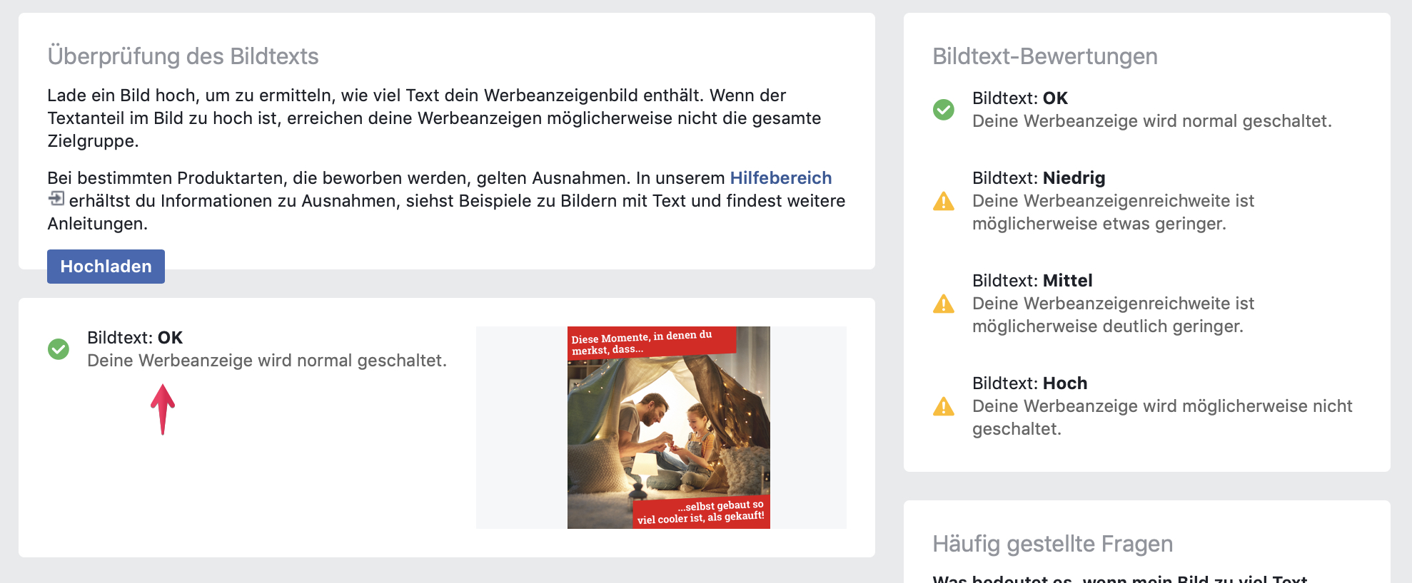 Das Ergebnis der Facebook Text-Overlay-Tool Überprüfung