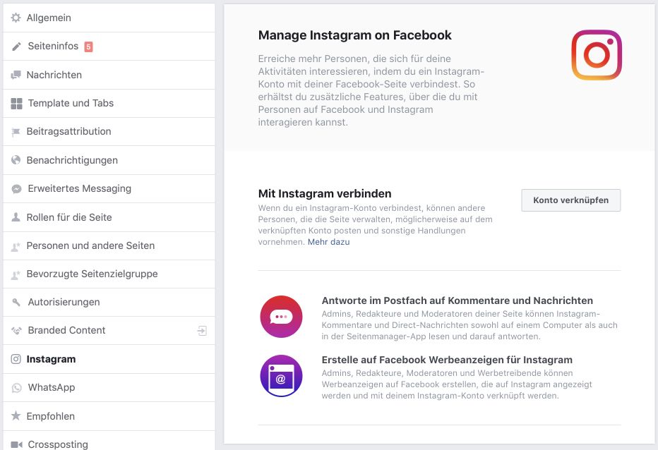 Facebook Seite und Instagram verknüpfen