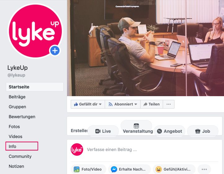 Über den Menüpunkt „Info“ die Facebook Seiteninformationen zum Abändern aufrufen.