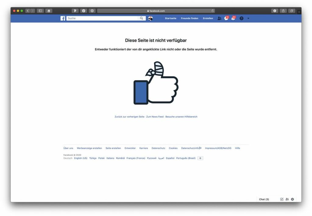 Facebook Seiten Adresse zeigt 404 Fehler