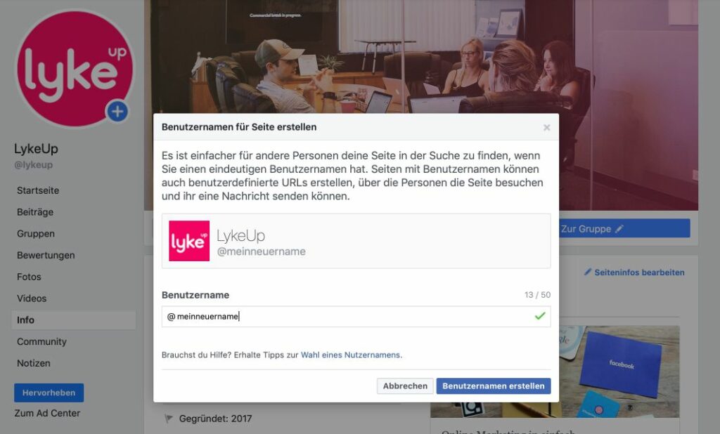 Einen neuen Benutzernamen für die Facebook Seite erstellen, um den Link zur Seite geändert zu bekommen.