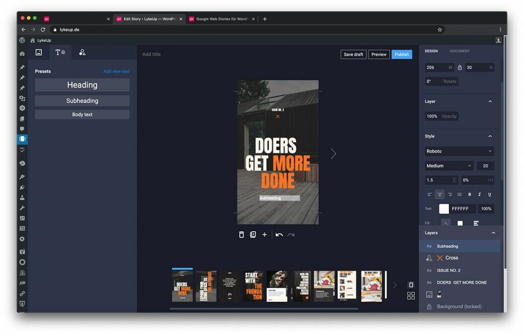 Screenshot des Story Backends in WordPress zum Erstellen von neuen Geschichten