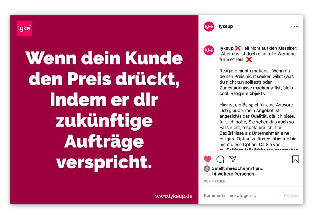Beispiel für einen Instagram Post mit hohem Textanteil