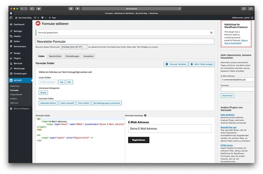 MC4WP ist ein kostenloses Plugin für die Verbindung zwischen WordPress und Mailchimp.