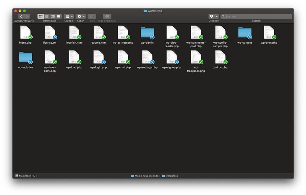 Entpackte WordPress Installationsdateien