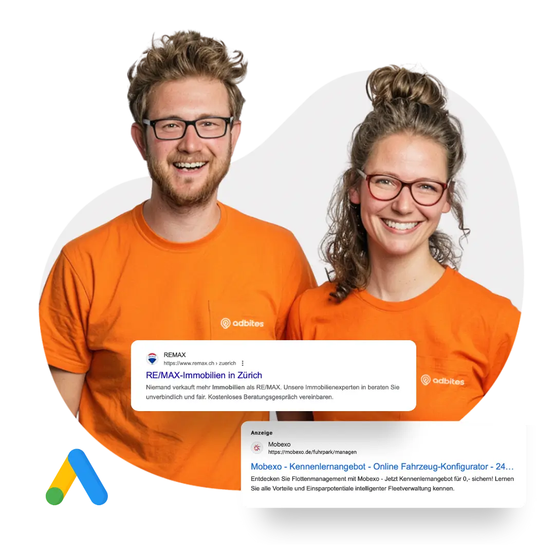 Zwei Mitarbeiter einer Google Ads Agentur zeigen Google Werbeanzeigen