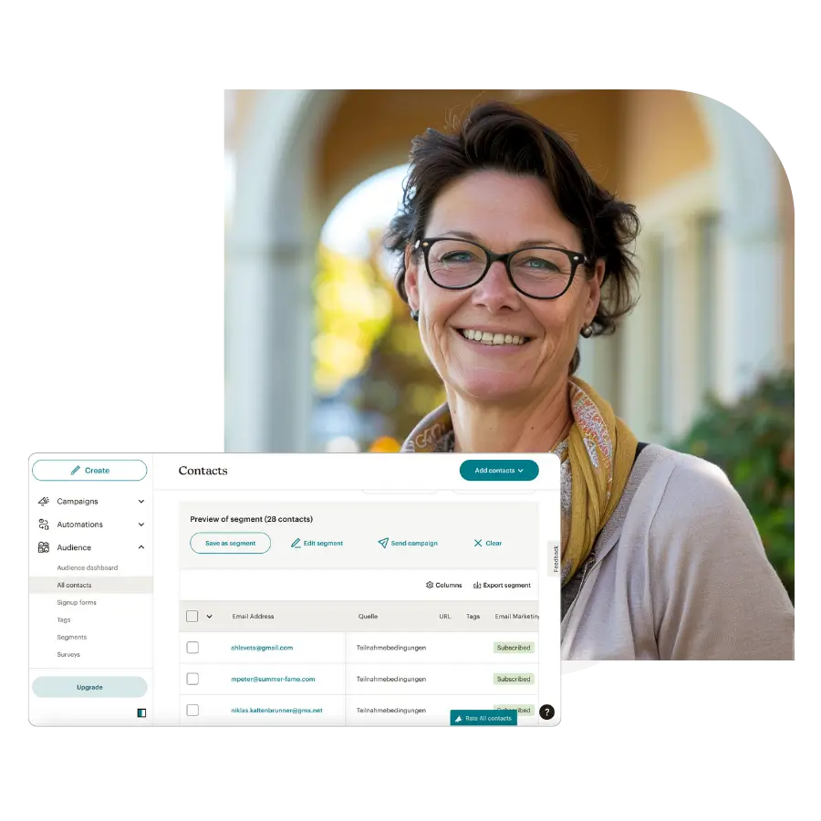 Eine Kundin einer E-Mail-Marketing-Agentur zeigt die Ergebnisse ihrer Kampagne
