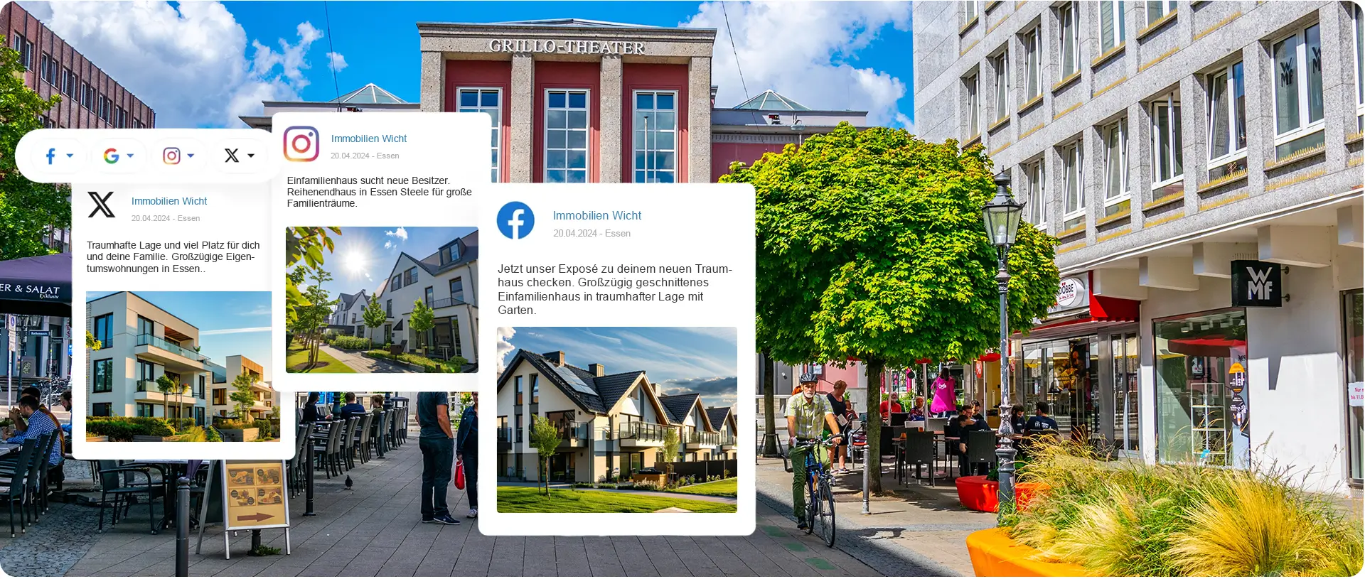 Beispiele von Social Media Posts einer Internet Marketing Agentur aus Essen mit dem Grillo-Theater im Hintergrund